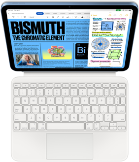 iPad conectado a un teclado Magic Keyboard Folio, la pantalla muestra Slide Over con Pages y la app Notes