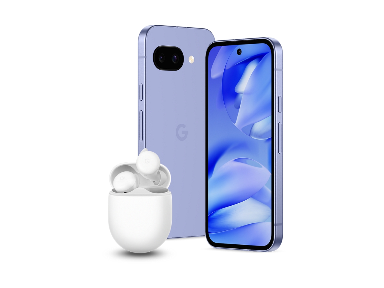 Dispositivo Google Pixel 9a y audífonos Pixel A-Series