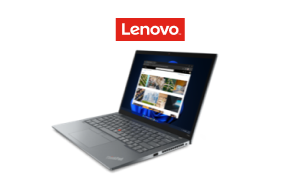 Una laptop ThinkPad T14s 4.ª gen. y el logotipo de Lenovo.